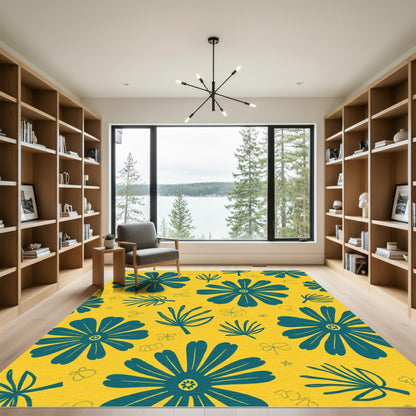 Teal Floral Composition Yellow Background Rug