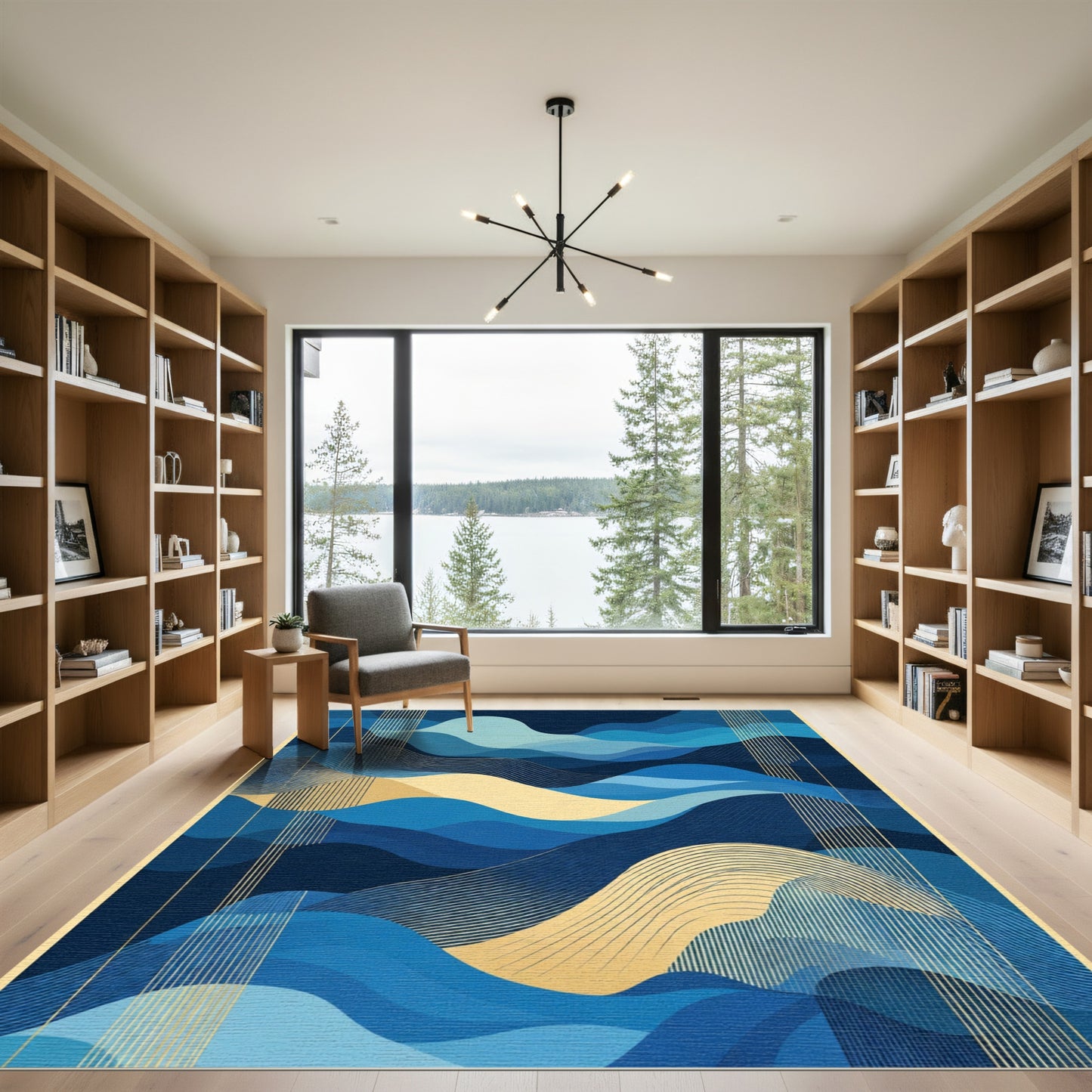 Abstract Deep Blue Golden Wave Rug