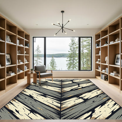 Modern Gray Beige Chevron Wood Plank Rug
