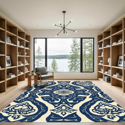 Midnight Blue Floral Medallion Symmetry Rug
