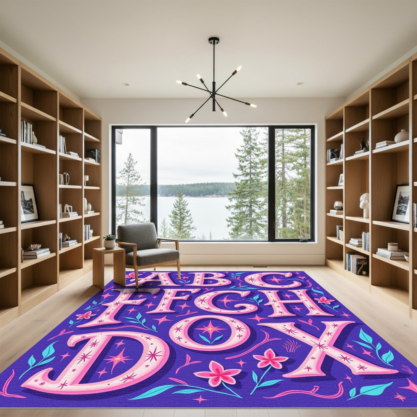 Whimsical Pink Floral Alphabet Stars Rug