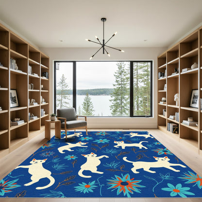 Whimsical White Cats Floral Blue Rug