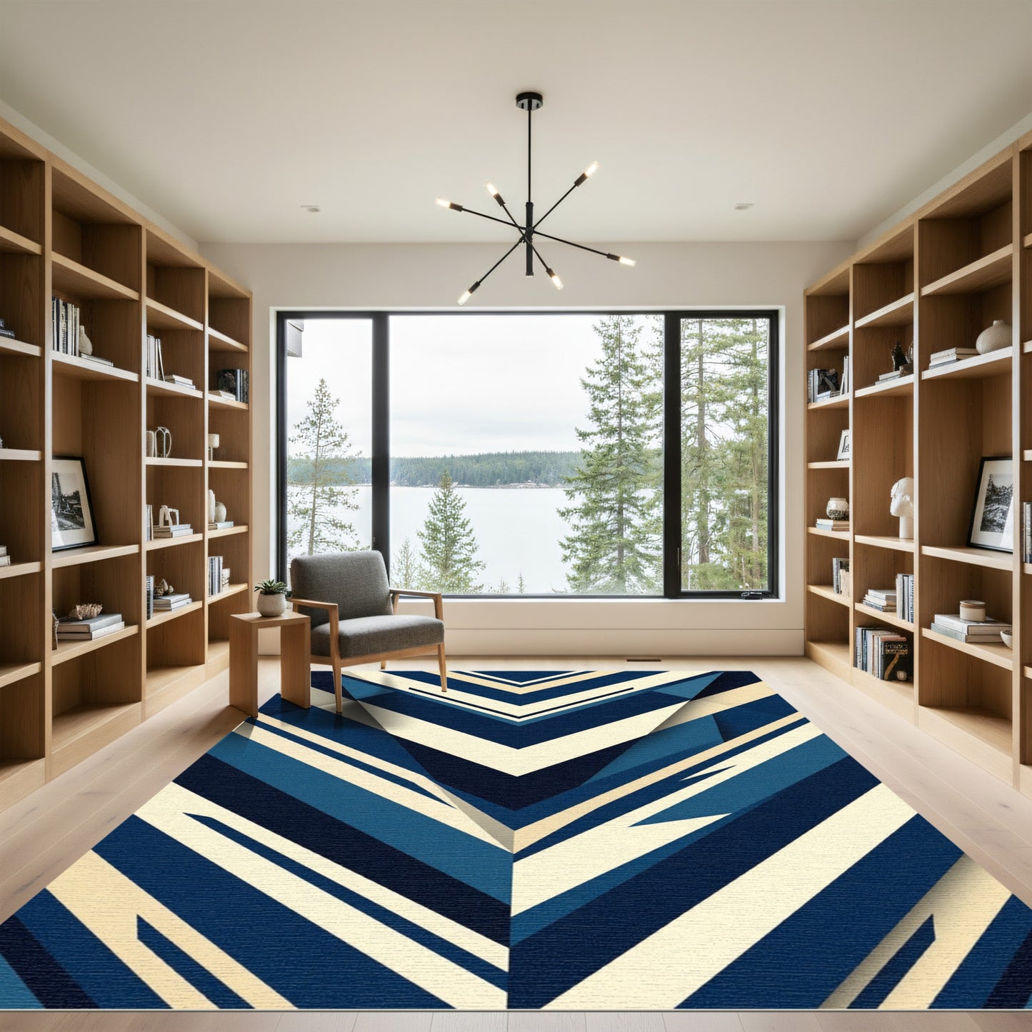 Geometric Navy and Cream Chevron Rug