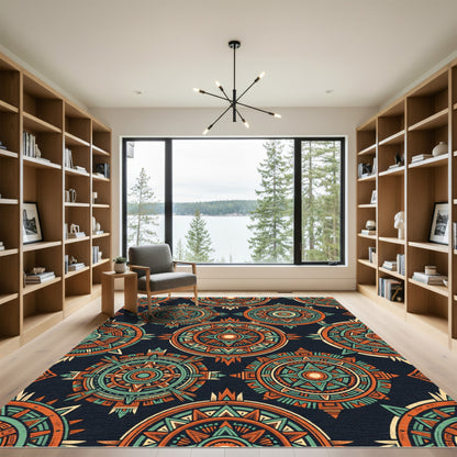 Bold Orange Teal Sunburst Medallion Rug