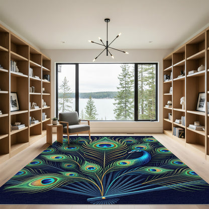 Vibrant Peacock Feather Fan Ensemble Rug