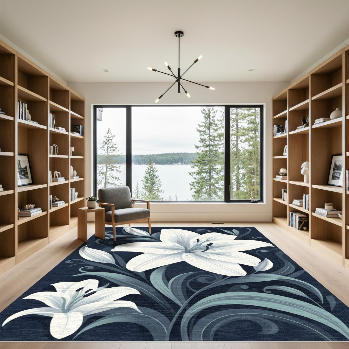 White Lily Dark Floral Swirl Rug