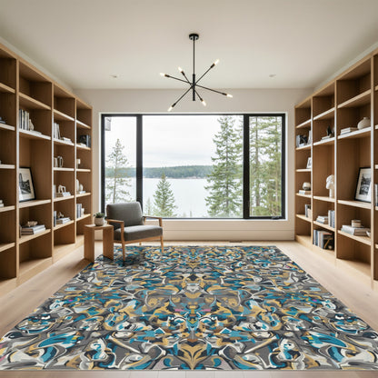 Abstract Blue Gold Gray Fusion Rug