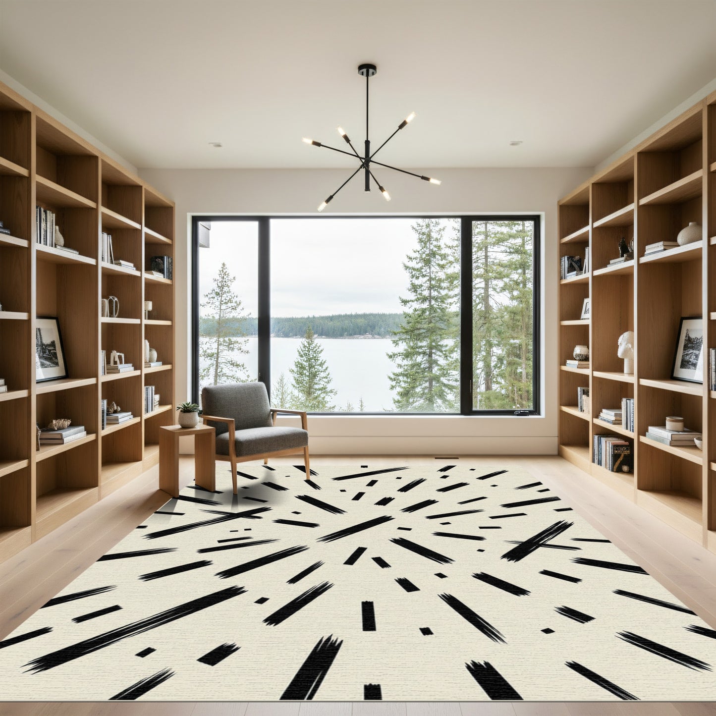 Minimalist Black Abstract Linear Composition Rug