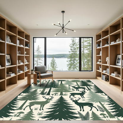 Green Forest Deer Woodland Illustration Rug