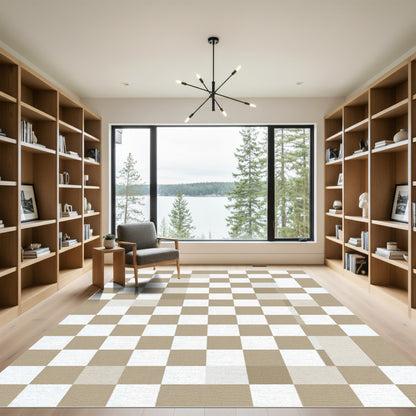 Minimalist Tan Square Checkered Rug