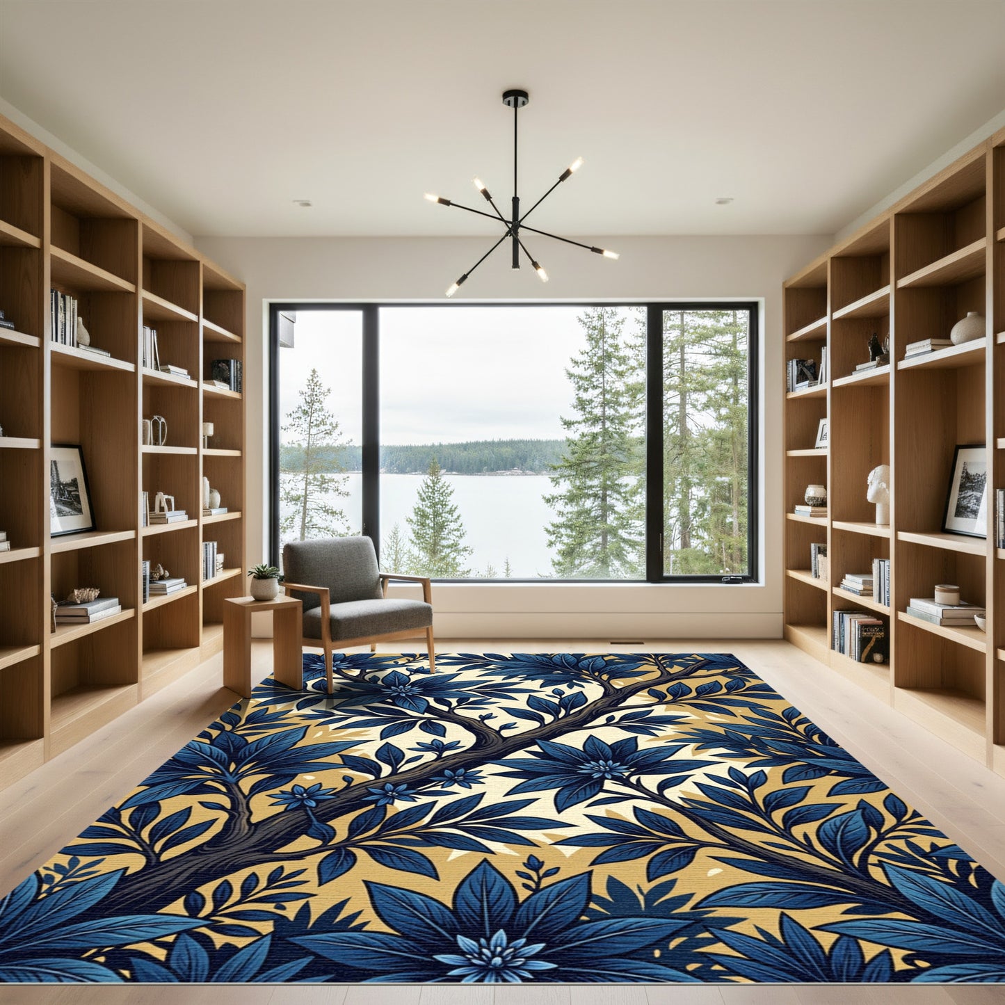 Deep Blue Floral Tree Branch Rug