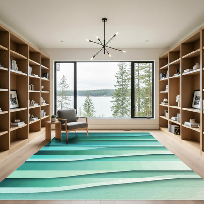 Gradient Teal Horizon Wavy Stripes Rug