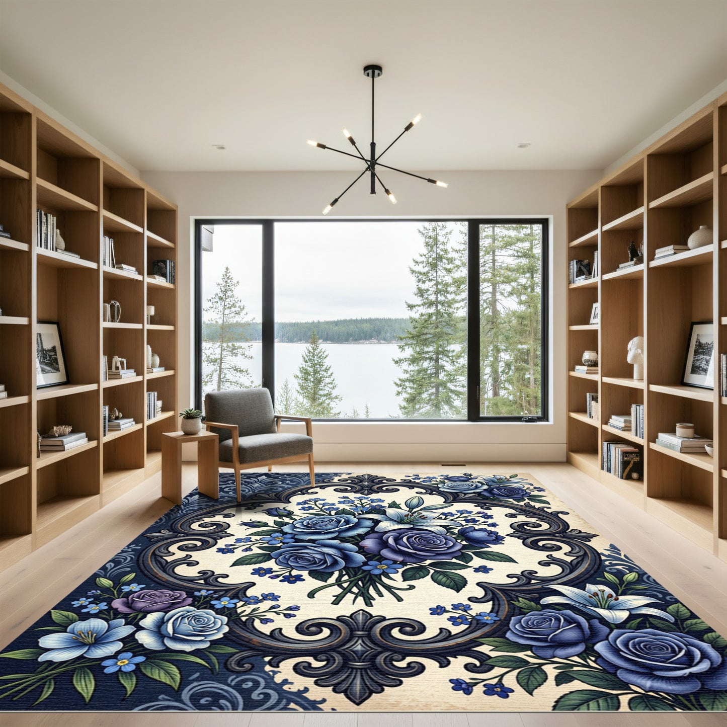 Vibrant Blue Floral Bouquet Ornamental Rug