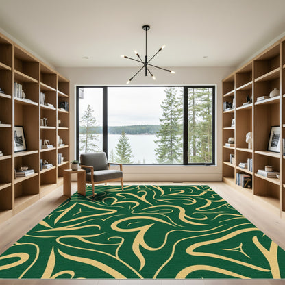 Emerald Golden Swirl Abstract Flow Rug
