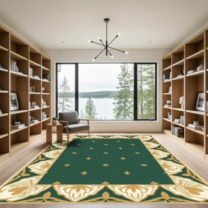 Green Gold Floral Medallion Border Rug