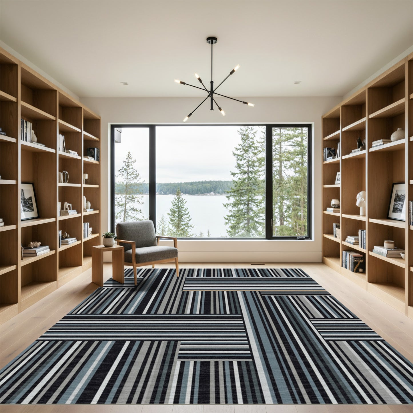 Abstract Geometric Blue Gray Stripe Rug