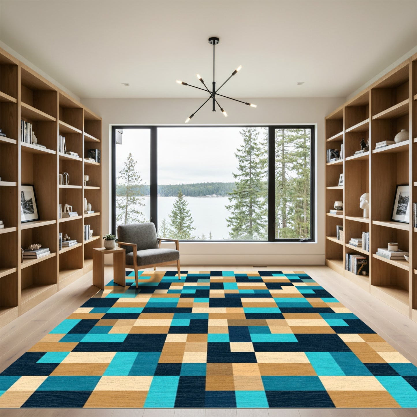 Geometric Blocks Teal Tan Indigo Rug