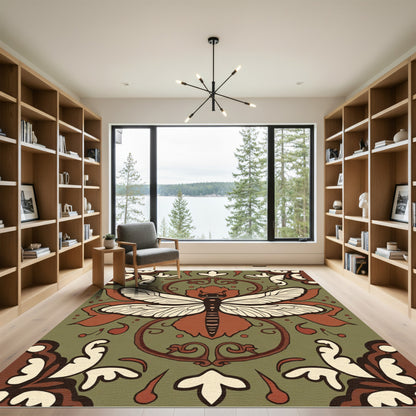 Earthy Dragonfly Floral Scroll Rug