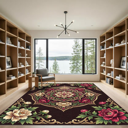 Elegant Burgundy Cream Floral Medallion Rug