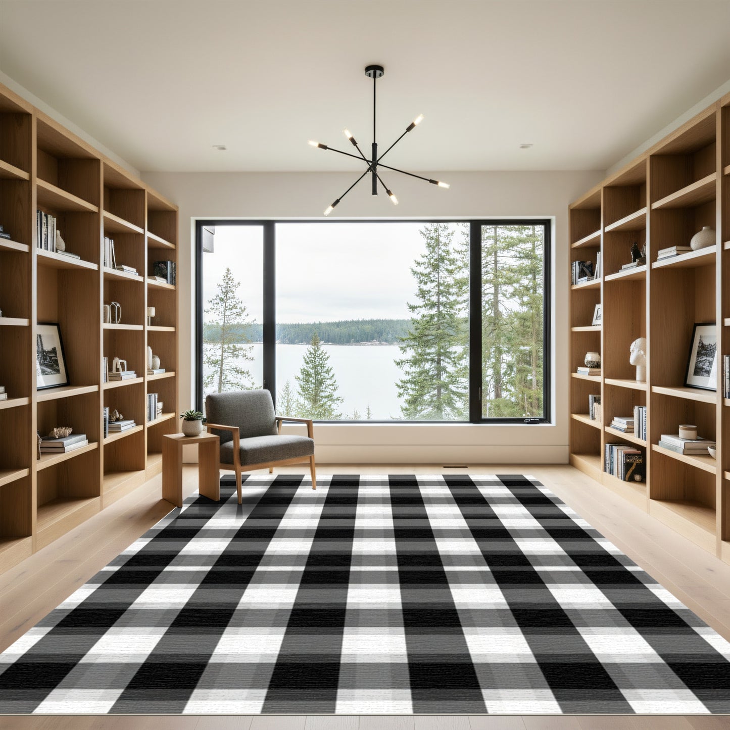 Rustic Black White Plaid Squares Rug