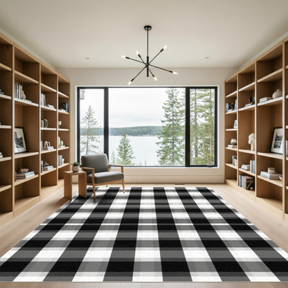Rustic Black White Plaid Squares Rug