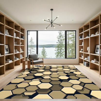 Golden Hexagonal Geometric Mosaic Rug