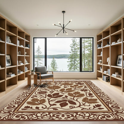 Earthy Brown Leafy Vine Border Rug