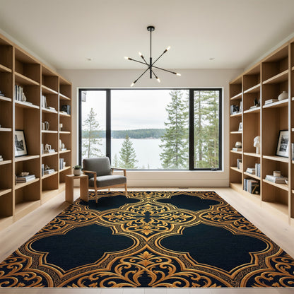 Elegant Gold Damask Black Filigree Rug