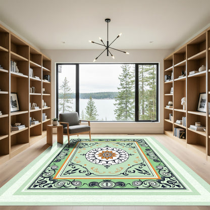 Ornate Green Orange Floral Medallion Rug