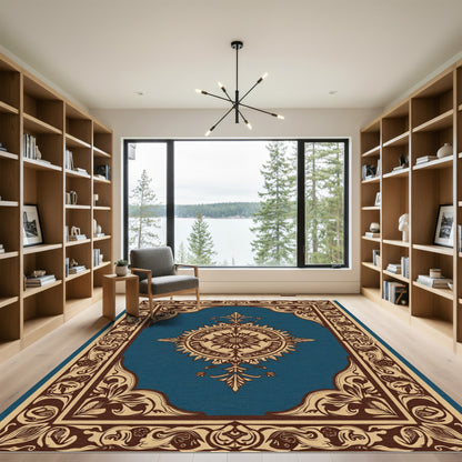 Deep Teal Brown Floral Medallion Rug