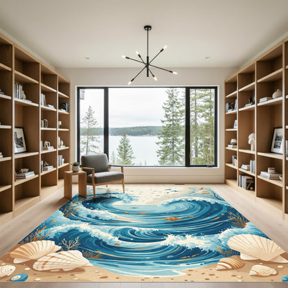 Dynamic Blue Ocean Waves With Fish Rug
