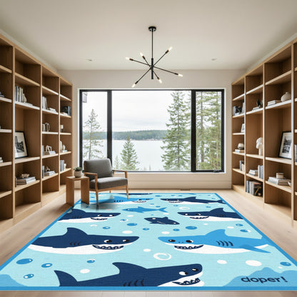 Cute Blue Shark Aquatic Bubbles Rug