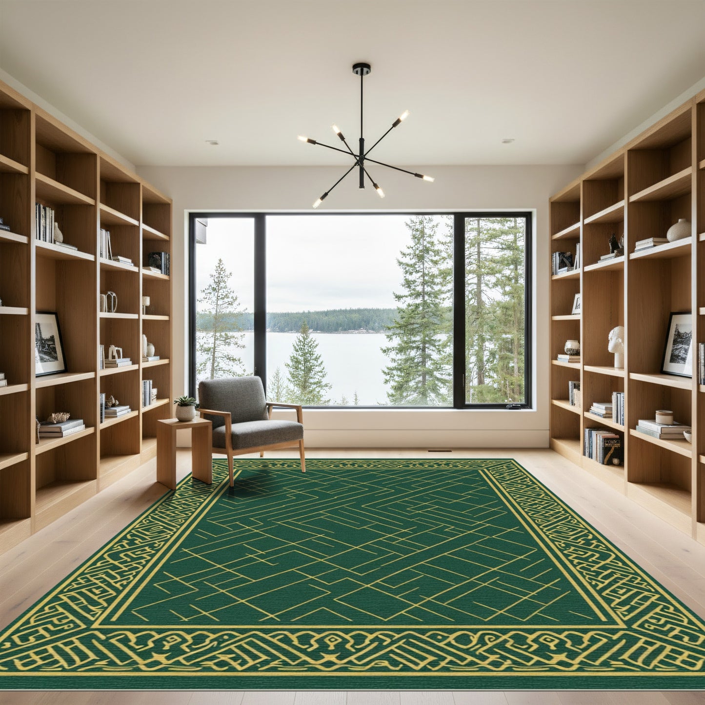 Emerald Gold Geometric Border Abstract Rug