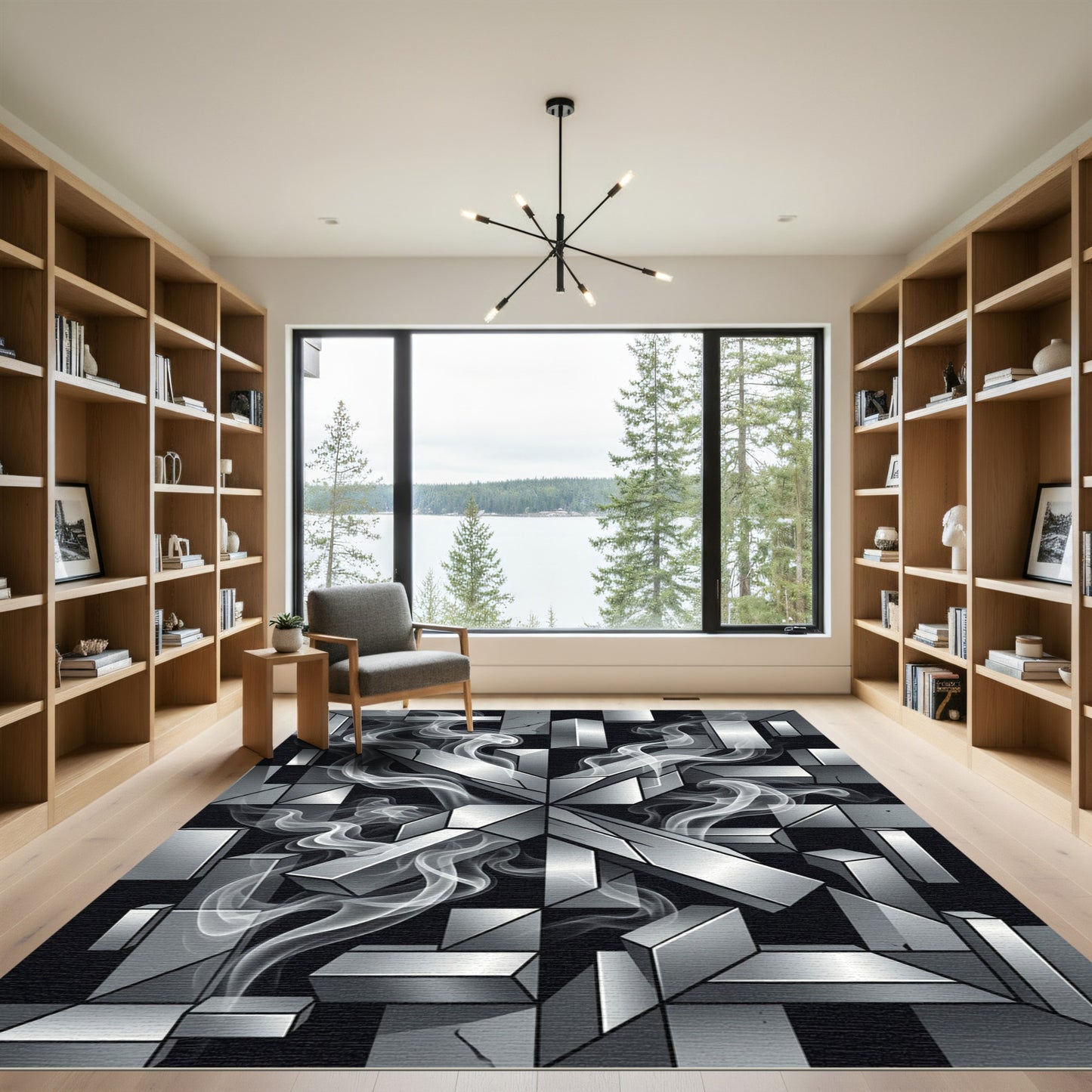 Monochrome Abstract Geometric Silver Smoke Rug