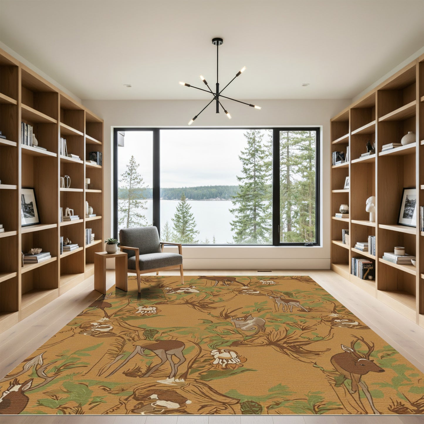 Golden Woodland Deer Forest Scene Rug
