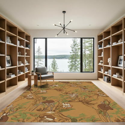 Golden Woodland Deer Forest Scene Rug