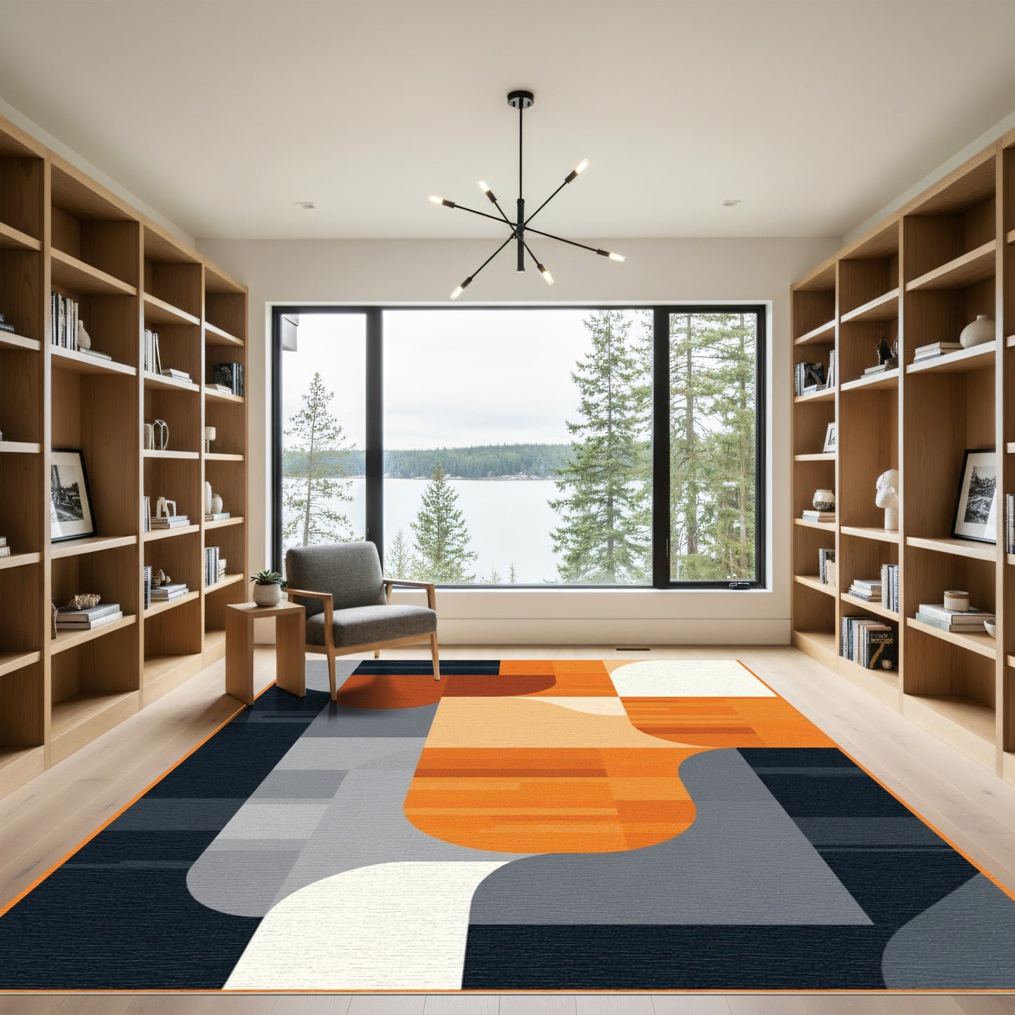 Modern Abstract Orange Geometric Curve Rug
