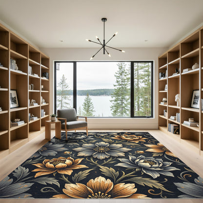 Golden Teal Floral Garden Collage Rug
