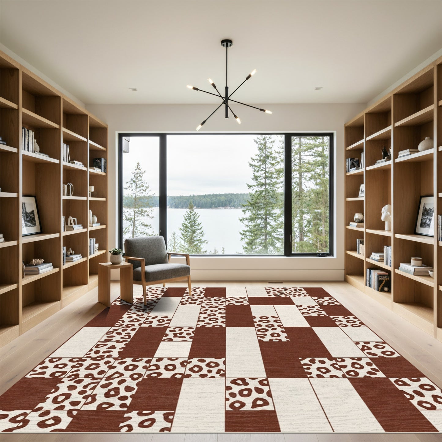 Brown Cream Leopard Patchwork Grid Rug