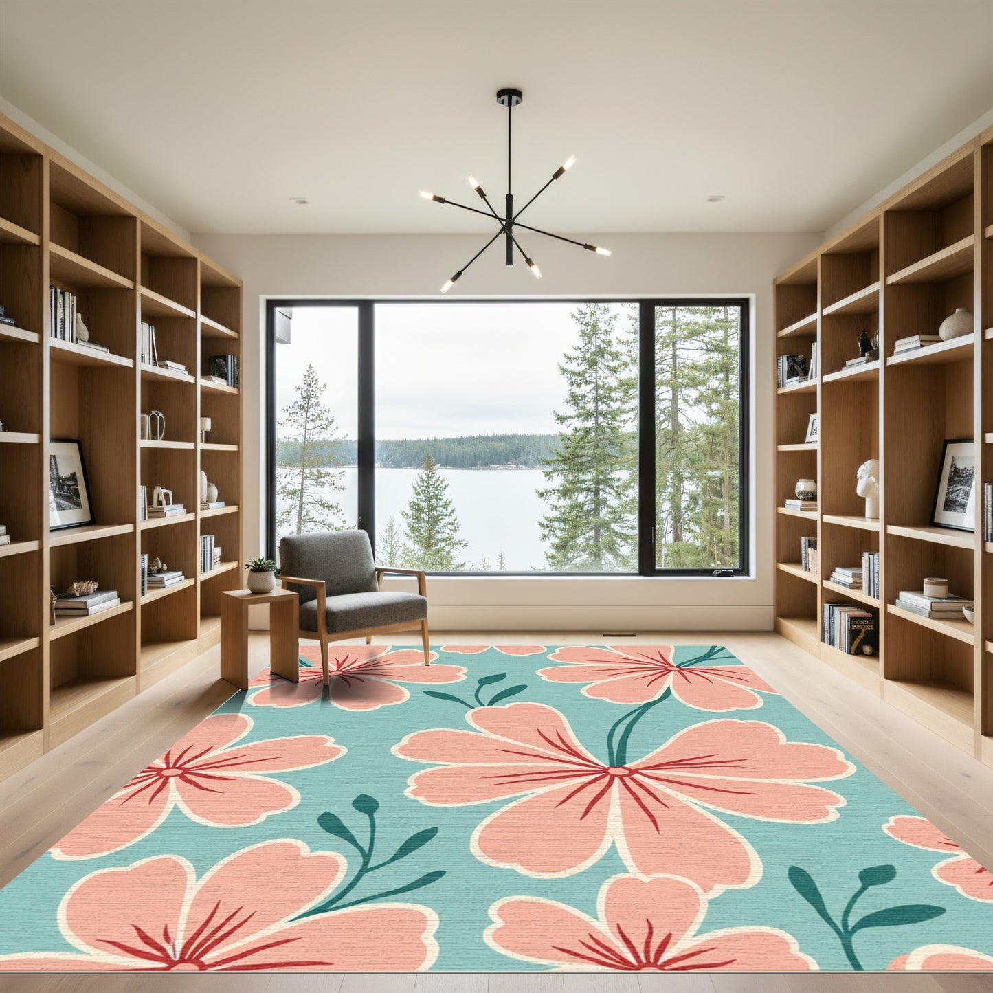 Soft Coral Blossom Bloom Teal Rug