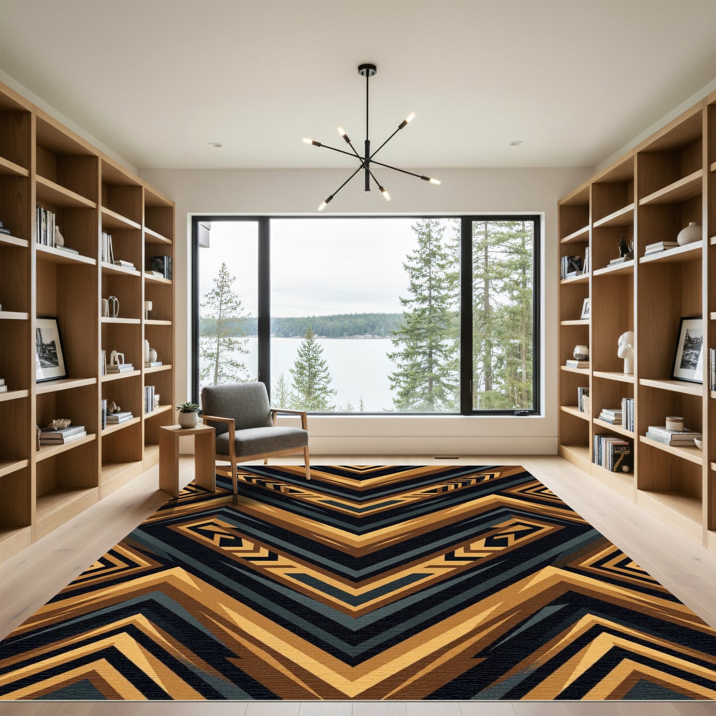 Gold and Charcoal Geometric Chevron Rug