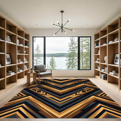 Gold and Charcoal Geometric Chevron Rug