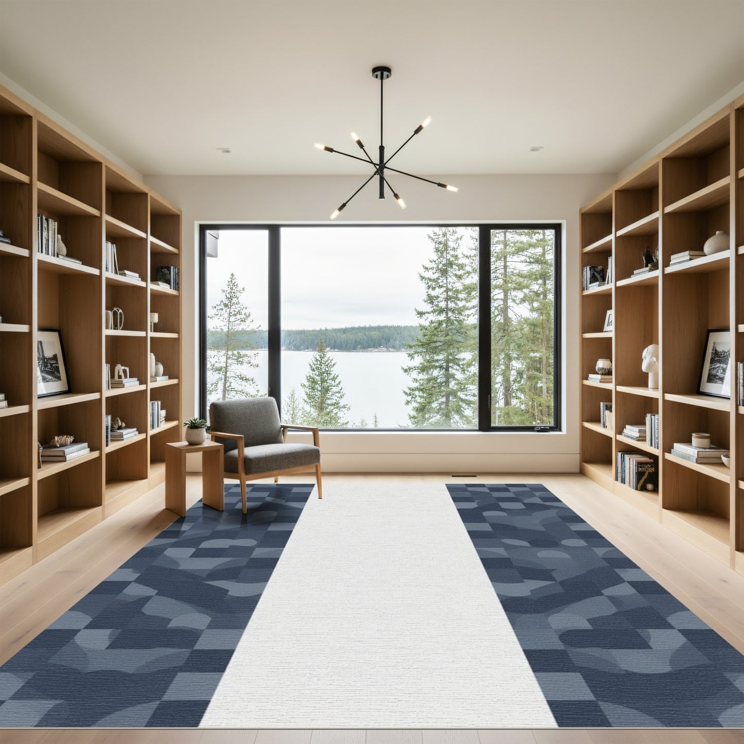 Deep Blue Geometric Abstract Panel Rug