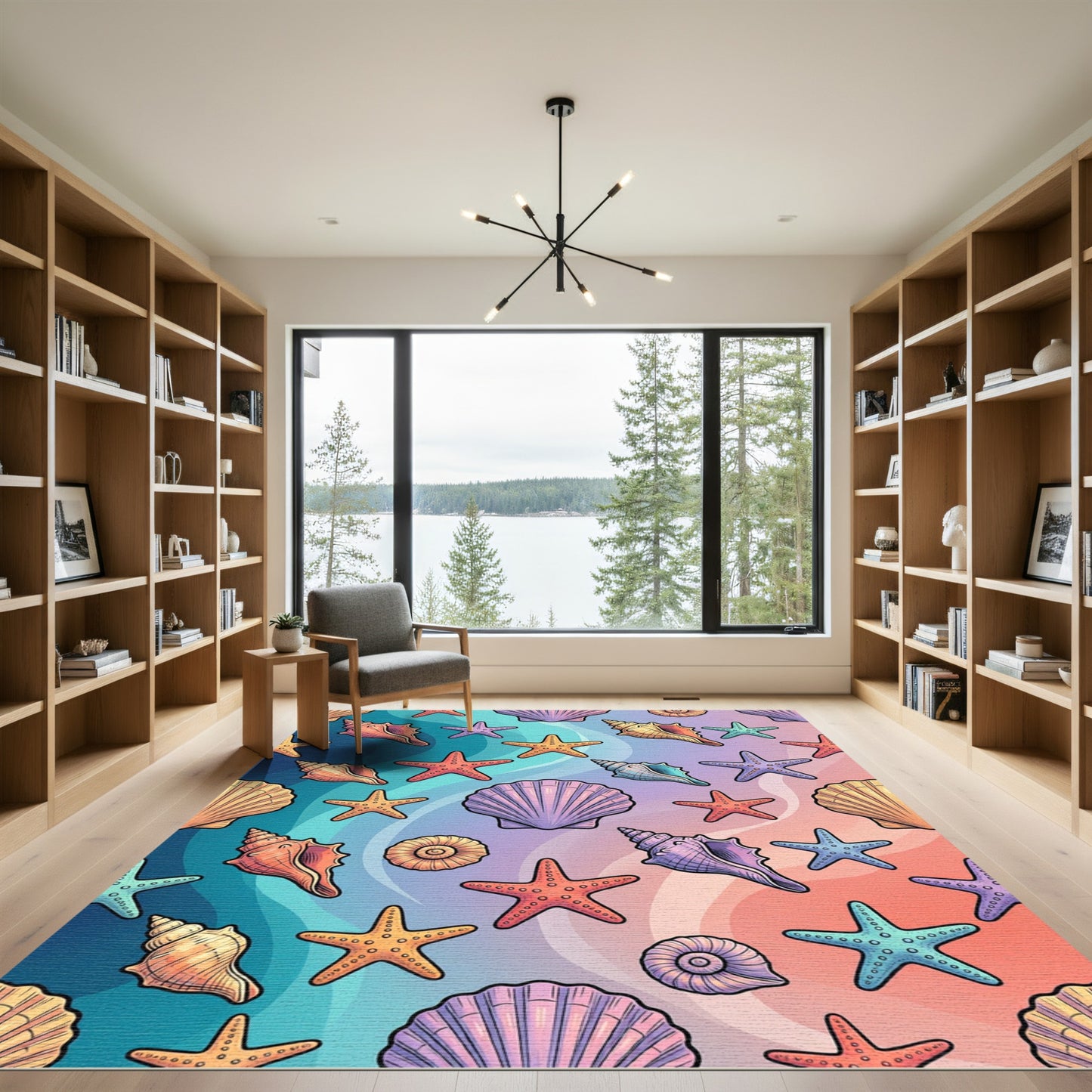 Coastal Pastel Shell and Starfish Illustration Rug