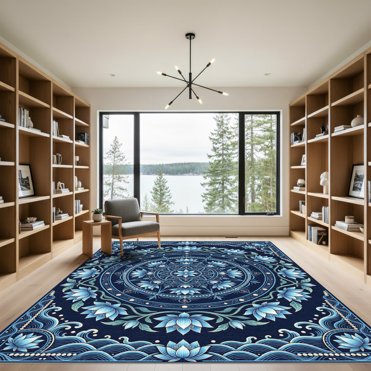 Deep Blue Lotus Mandala Rug