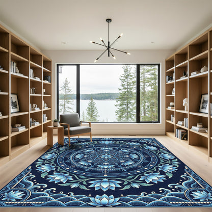 Deep Blue Lotus Mandala Rug