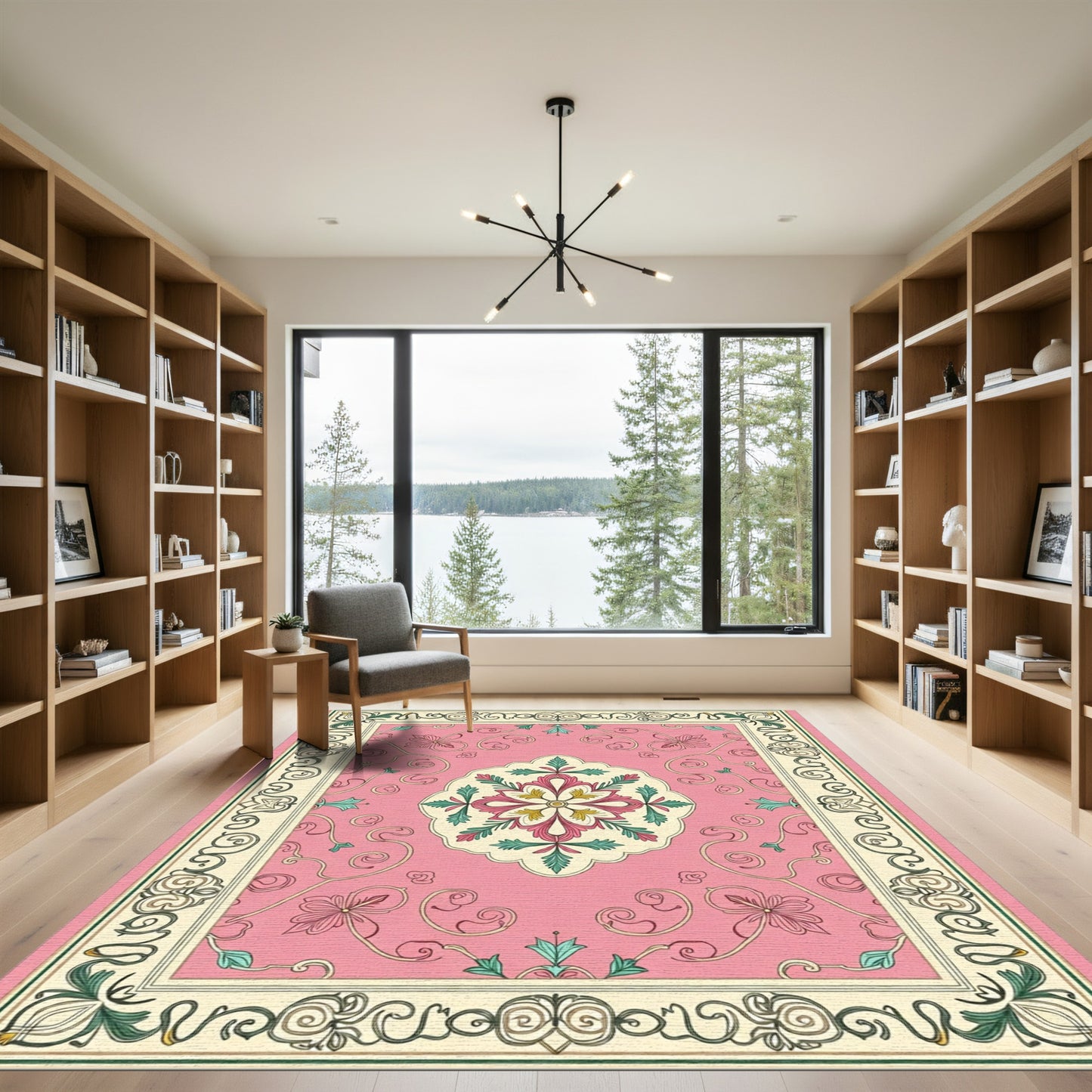 Pink Golden Floral Medallion Border Rug