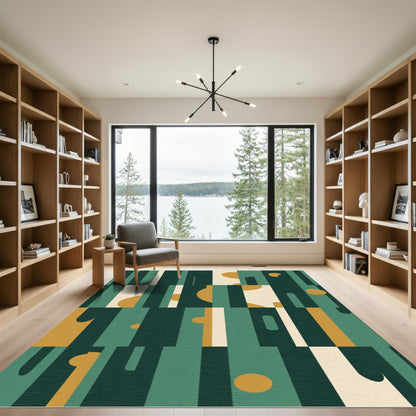 Teal Mustard Abstract Geometric Blocks Rug