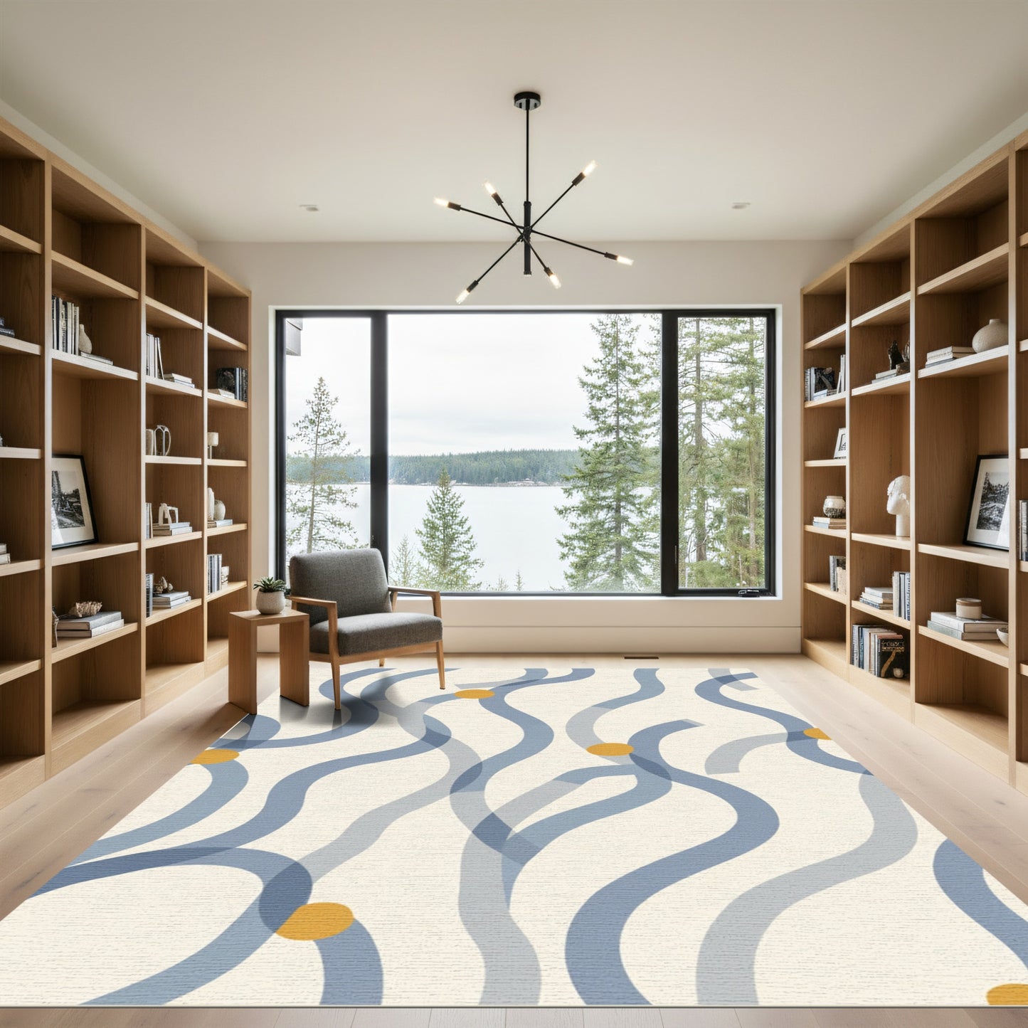 Blue Wavy Lines With Gold Dots Rug