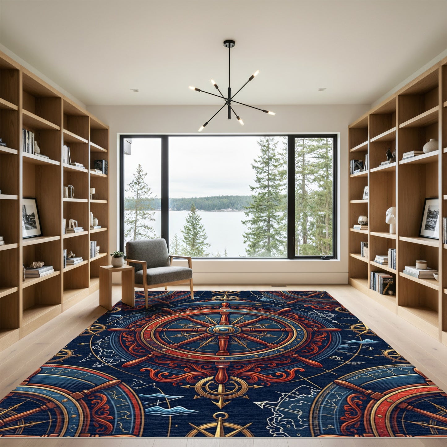 Nautical Navy Gold Compass Helm Ornament Rug